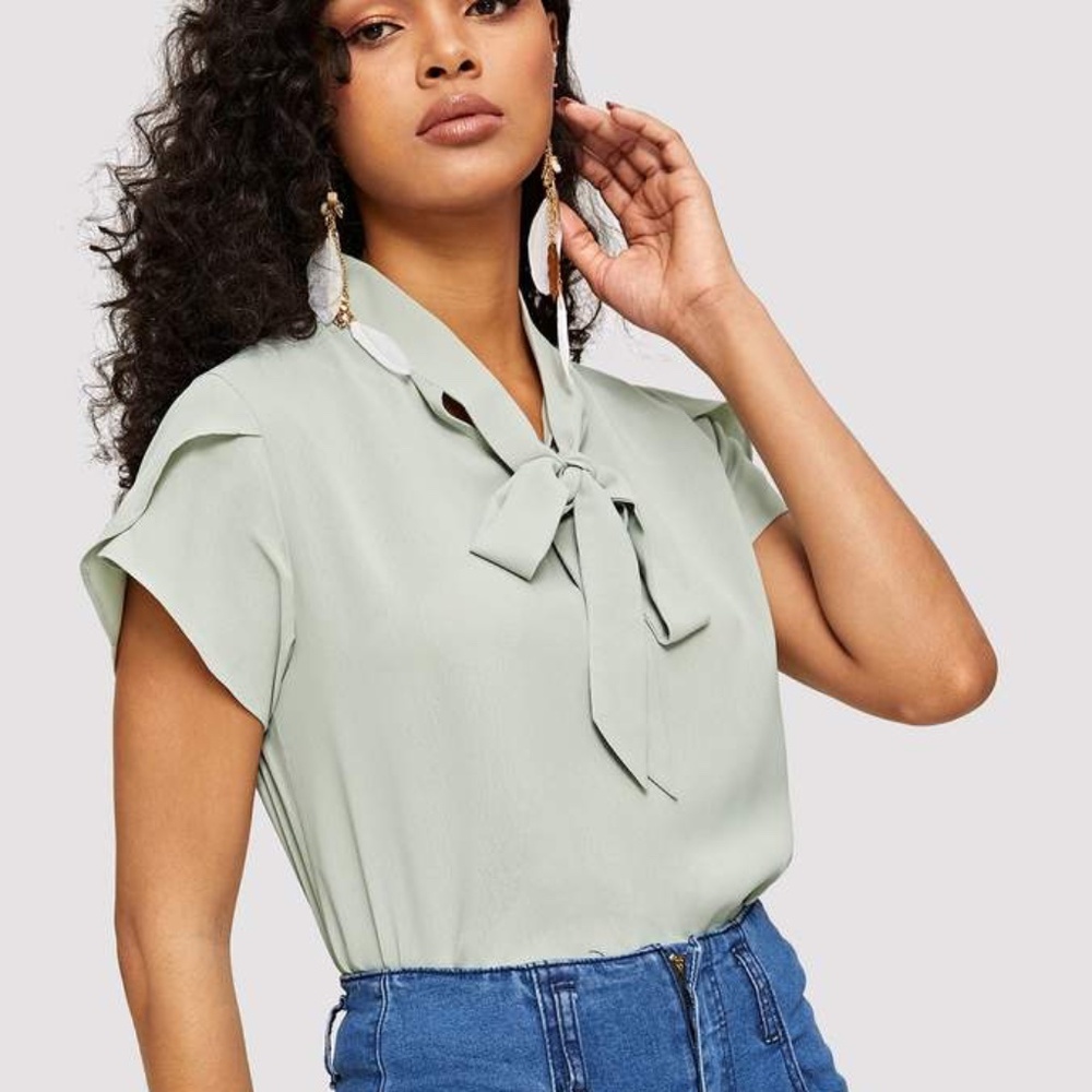 Sage Green Tie Neck Petal Sleeve Top
